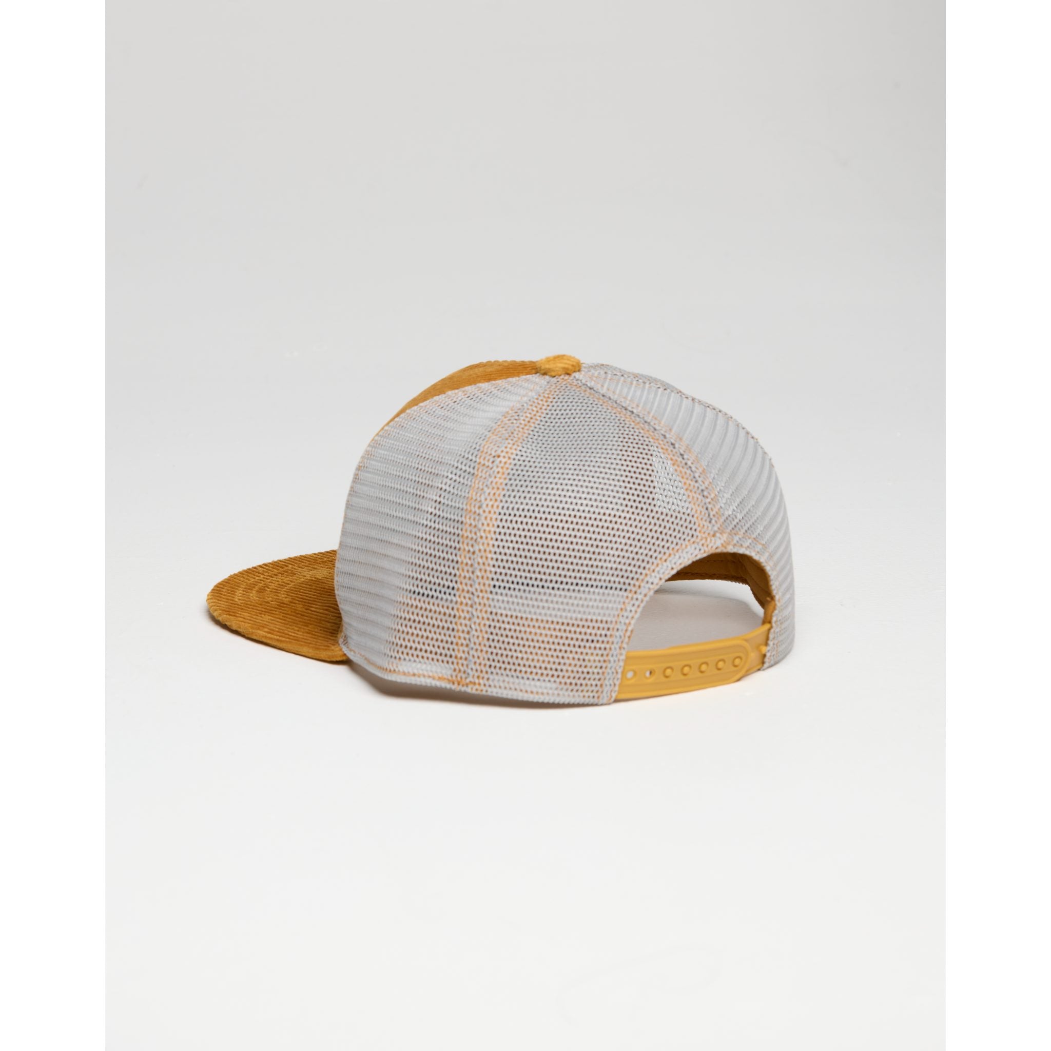 Cool grey mesh cap with mustard brim on a white background