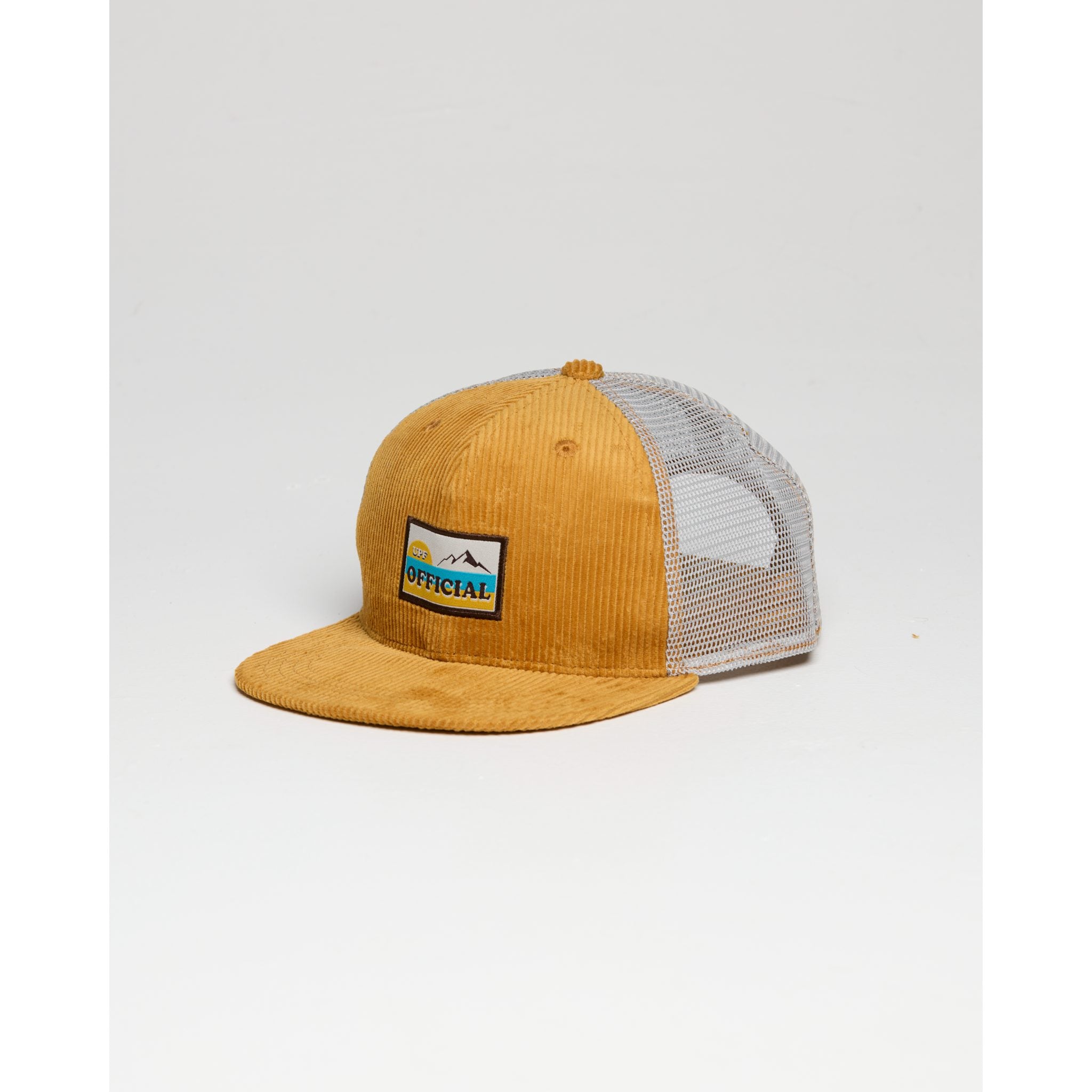 Yellow trucker cap with a logo on a white background