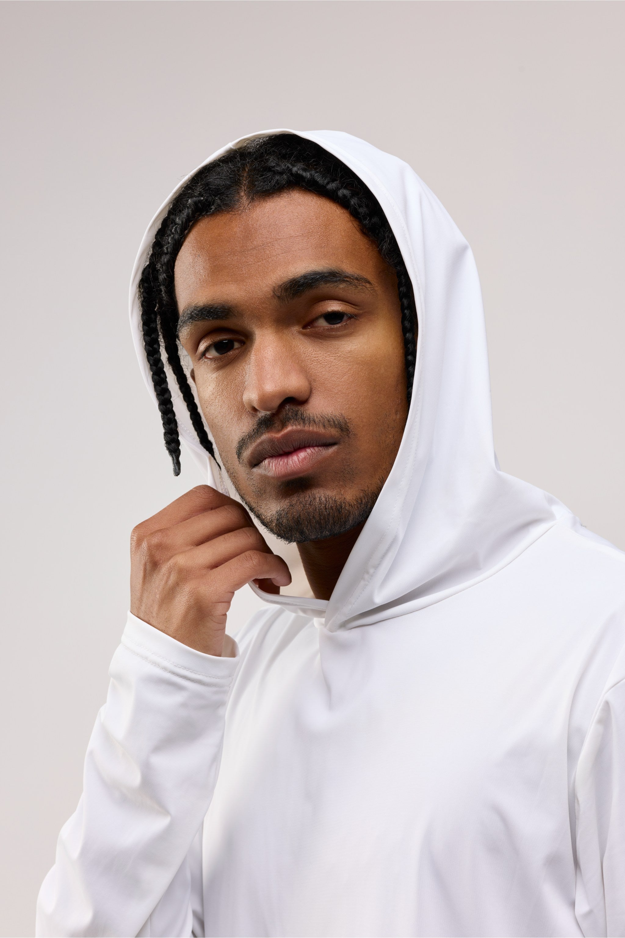 Lightweight Hooded Shirt for Men – White – Model Close-up