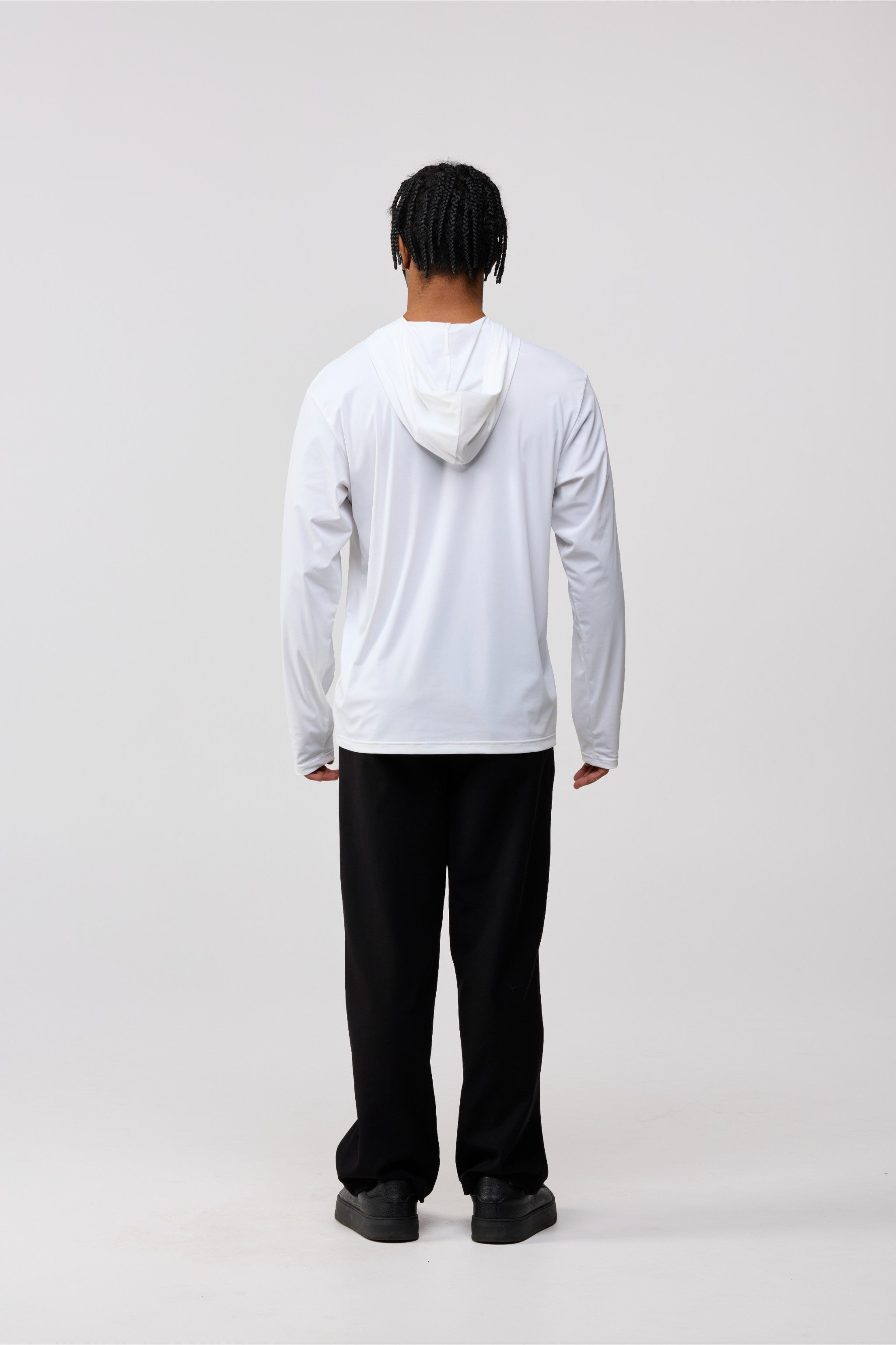 White Men’s Performance Hooded Shirt – Back View