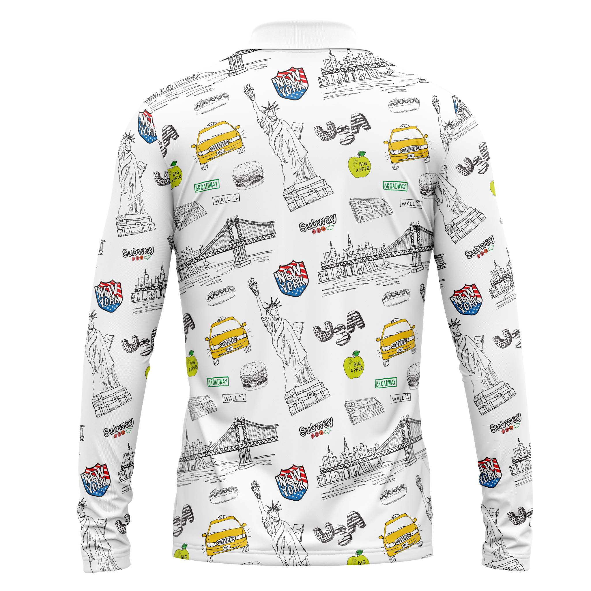 NYC Men’s Shirt back – lightweight breathable UPF50+ fabric with subtle NYC micro-icons.