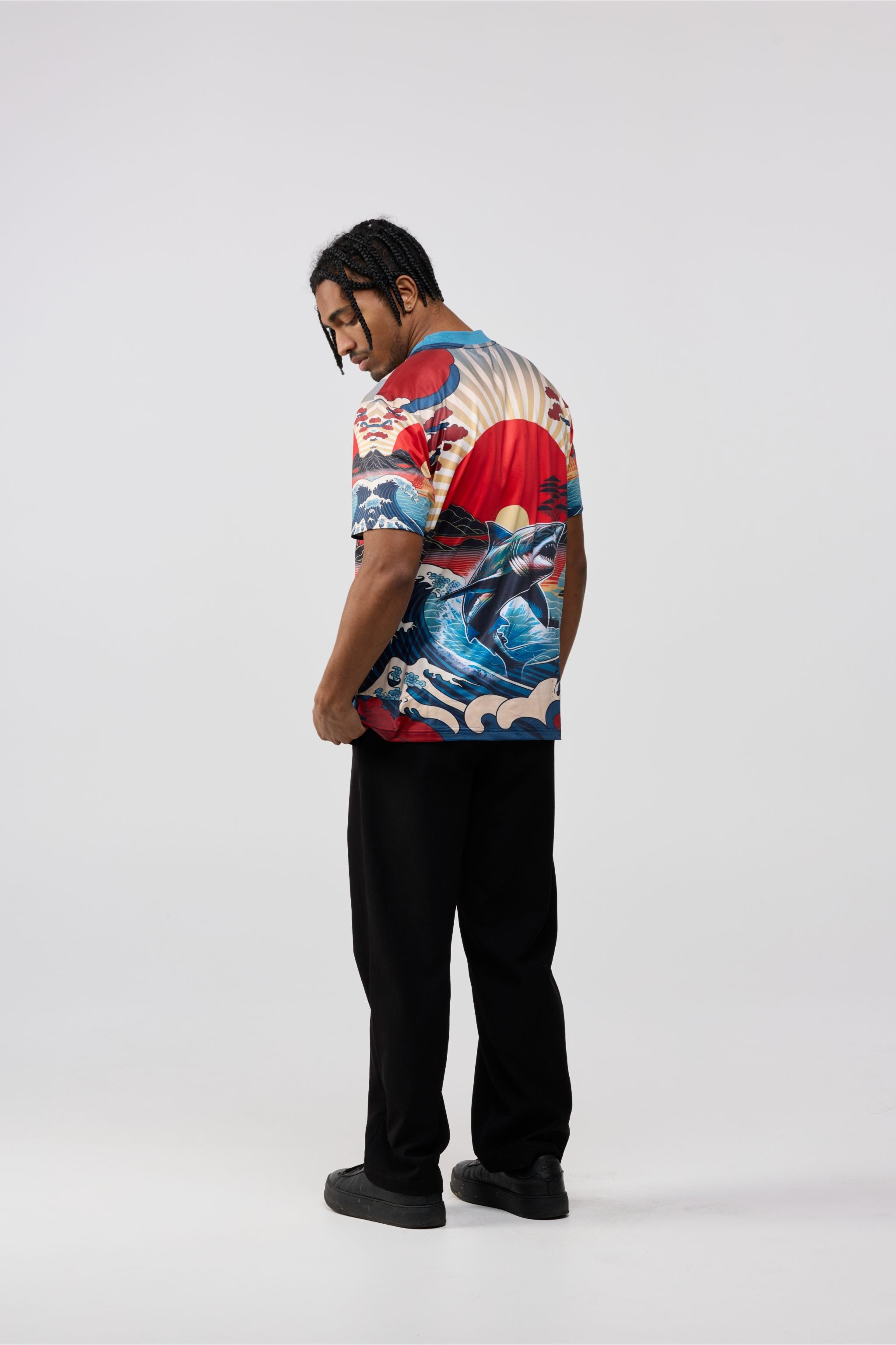 Men wearing Pacific Aura printed short sleeve crewneck in lifestyle setting