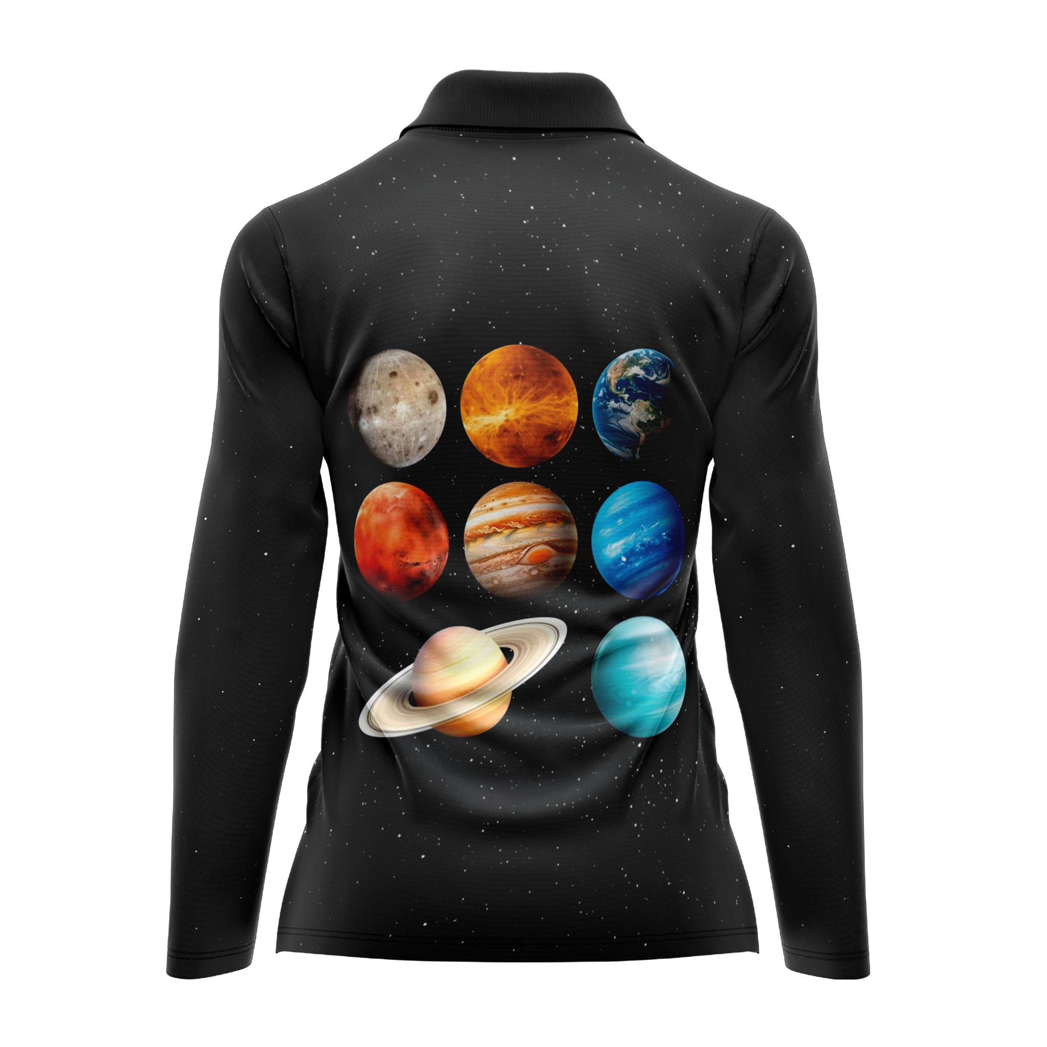Solar Line Women’s Shirt back view – solar system planets in color. lightweight and premium fabrics.