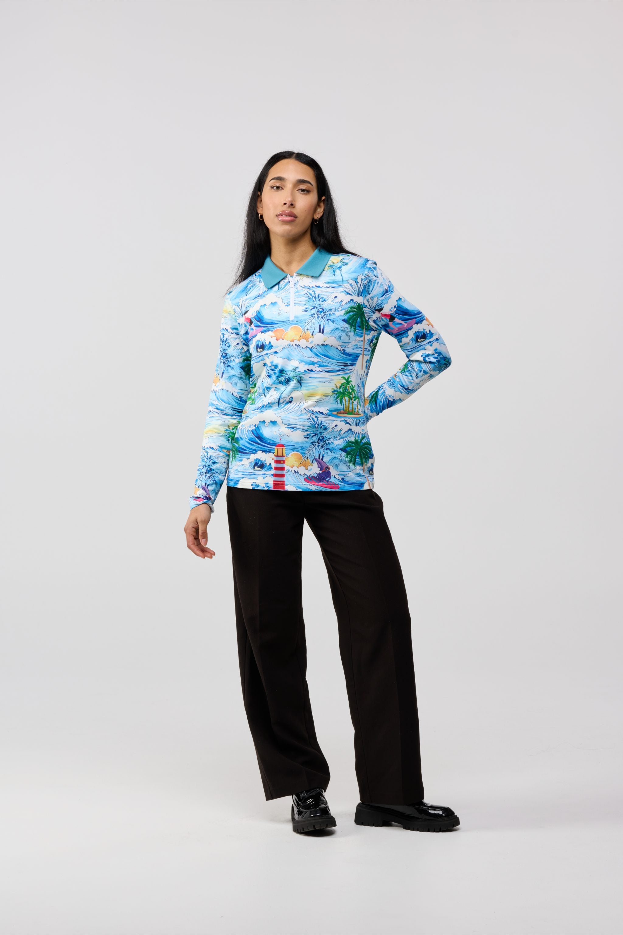 Model wearing Wave Chaser Long Sleeve Polo