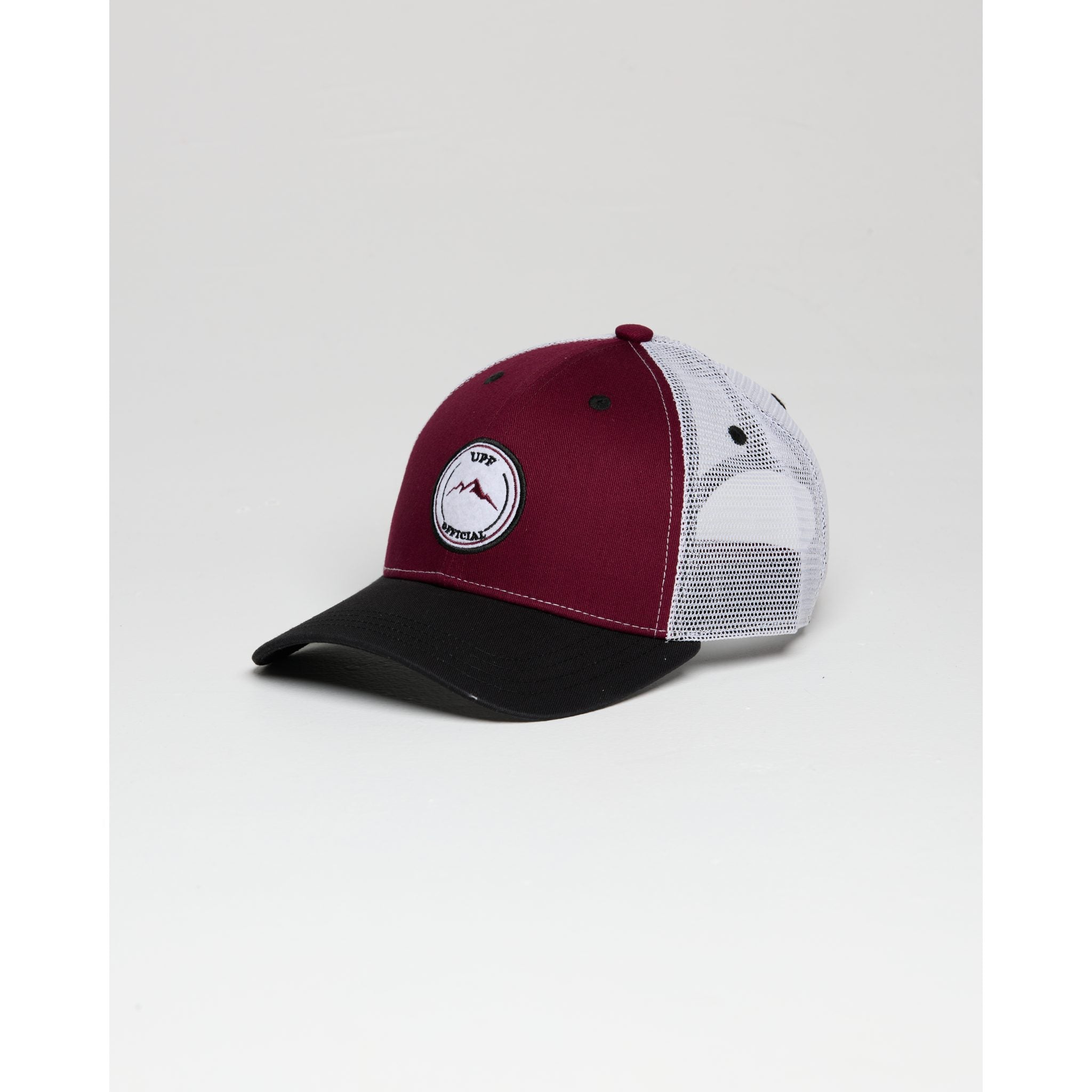 Maroon, black, and white cap with a logo on a light gray background