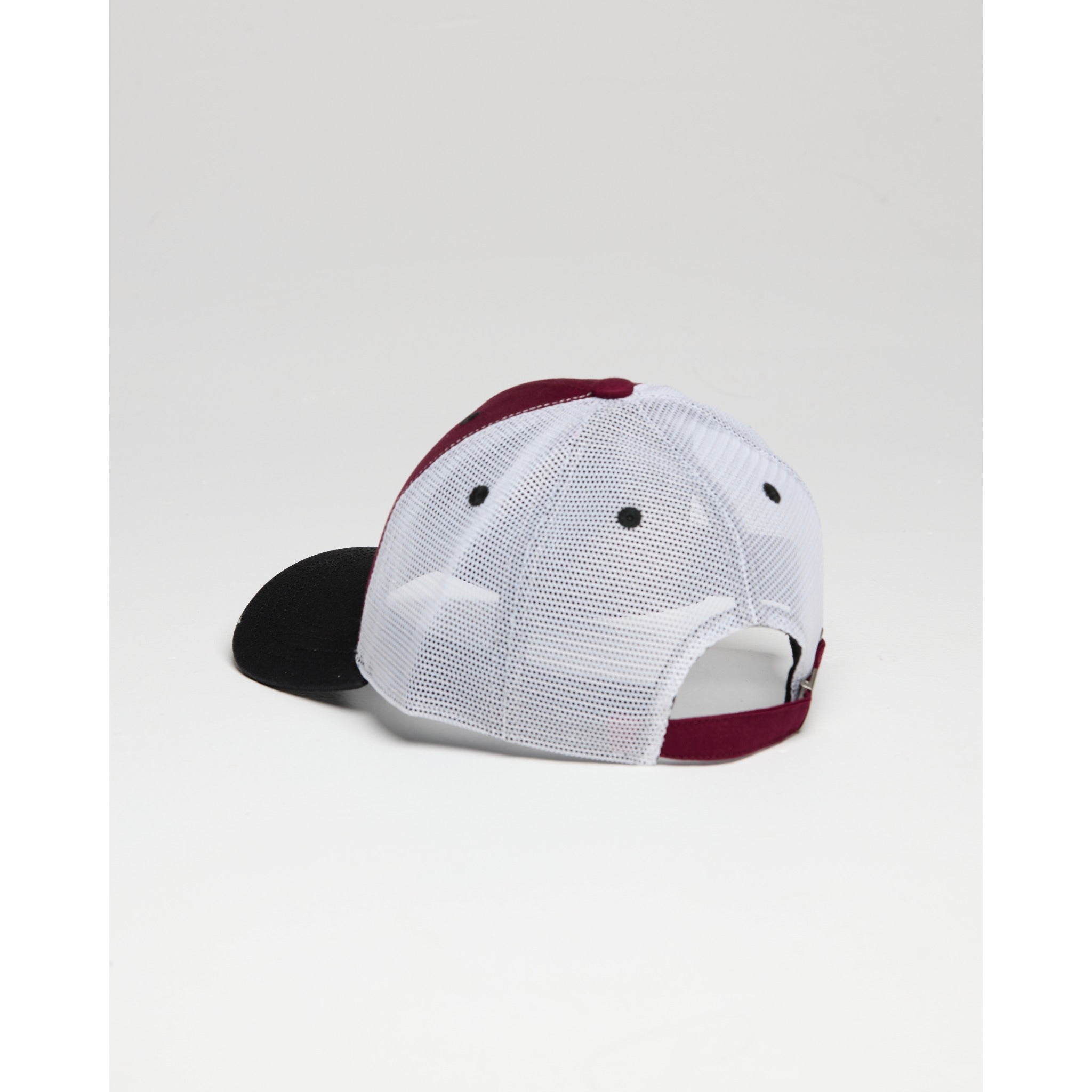 Trucker hat with white front panel, maroon side panels, and black bill on a light gray background