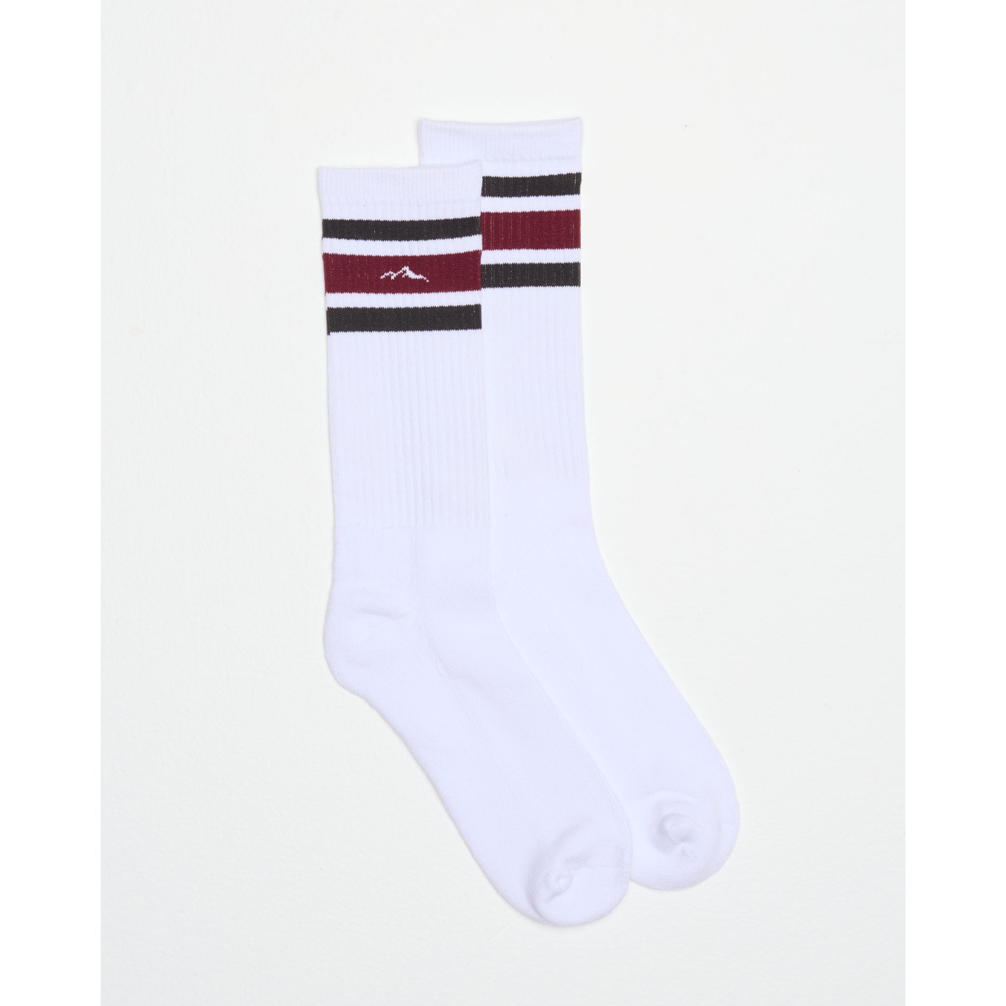 Maroon Ridge Socks – White socks with maroon and black stripes and jacquard logo.