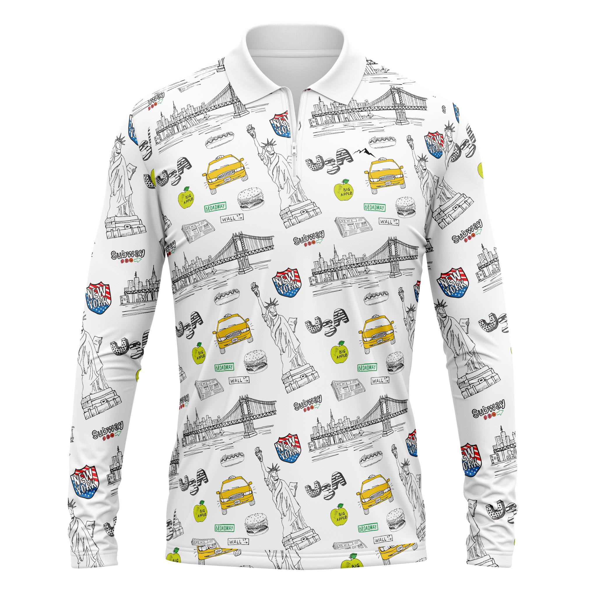 NYC Men’s Shirt front view – UPF 50+ sun-protective white shirt with clean New York inspired design.