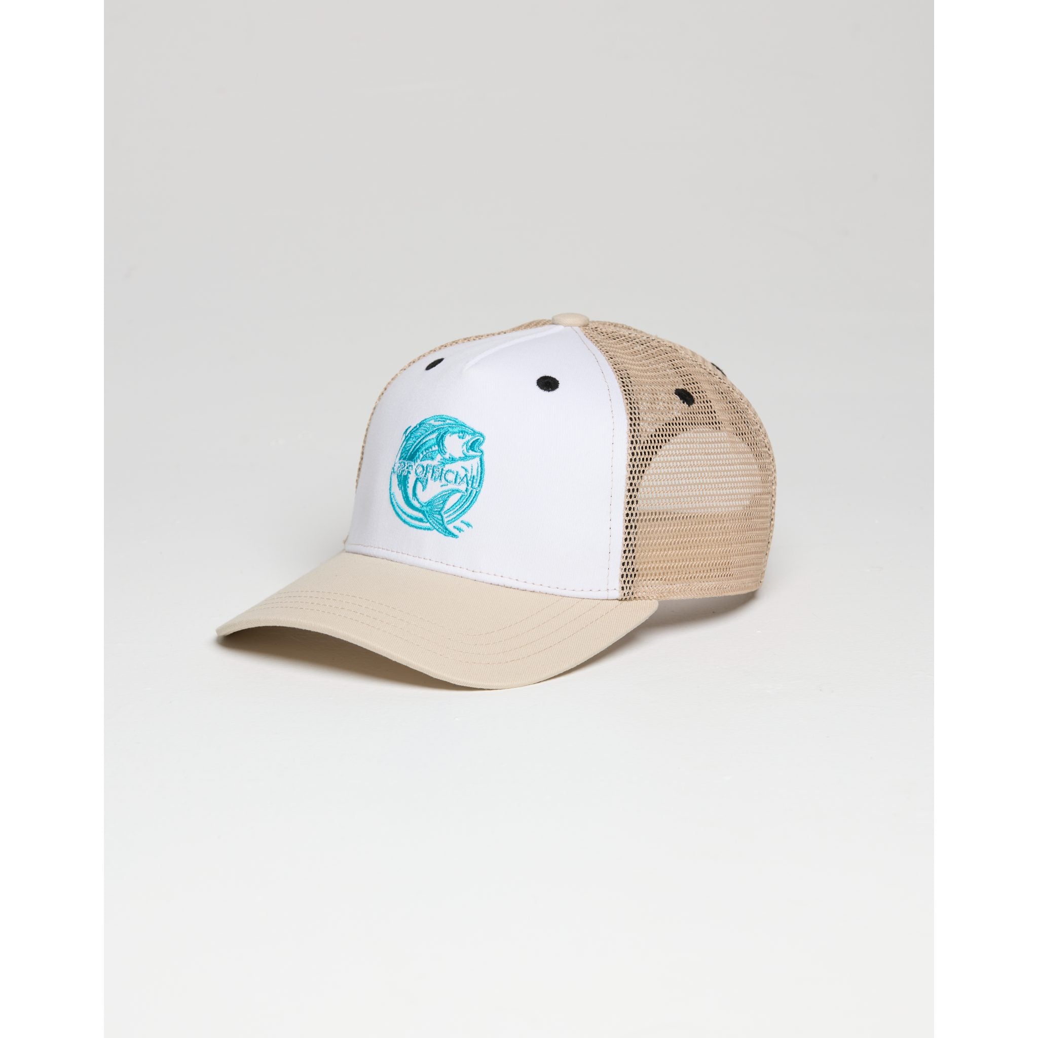 UPF Fishing Club Cap in white and beige with embroidered fish and UPF Official logo
