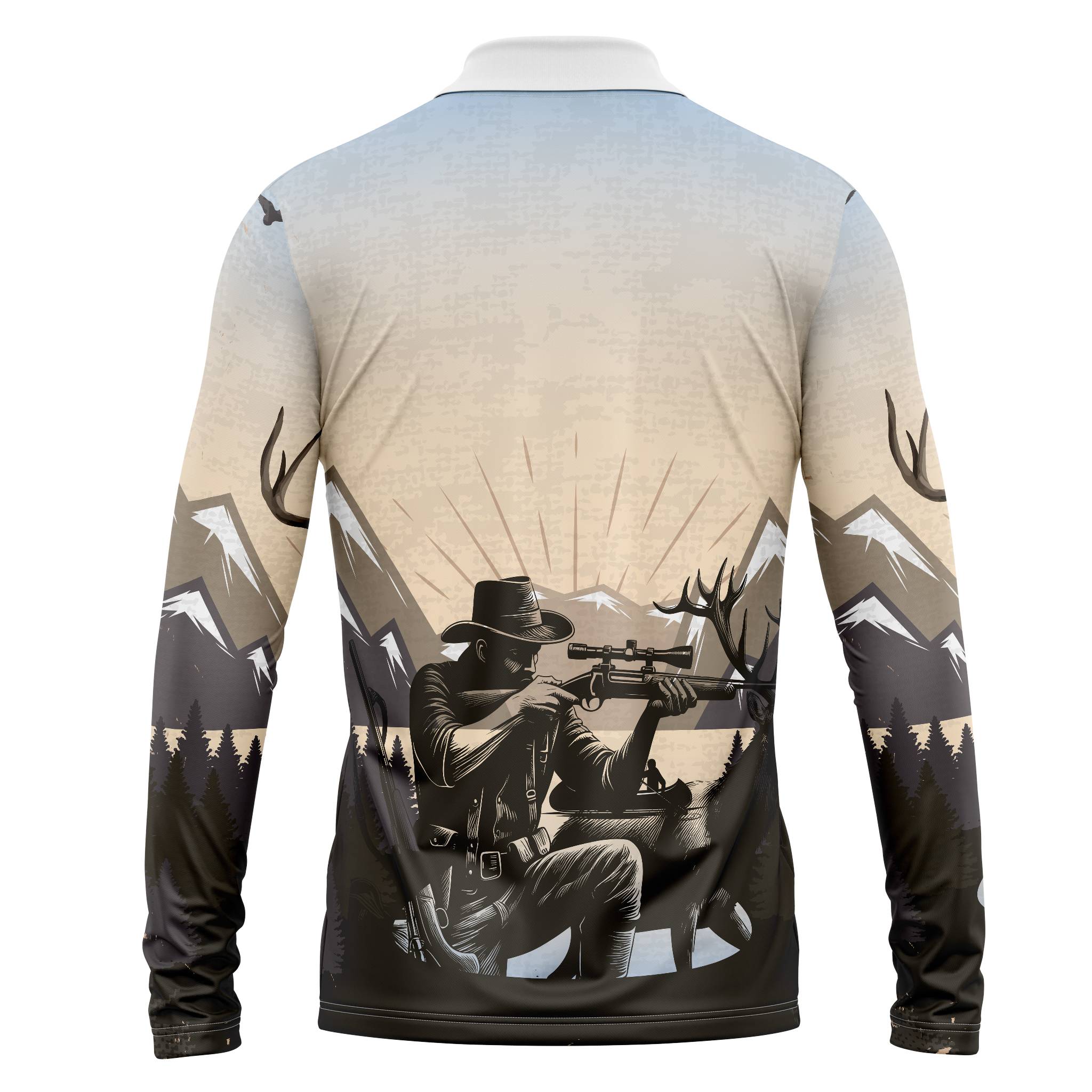 Rear shot of Hunting Camo men’s zip shirt – ultra-breathable performance gear with outdoor energy.