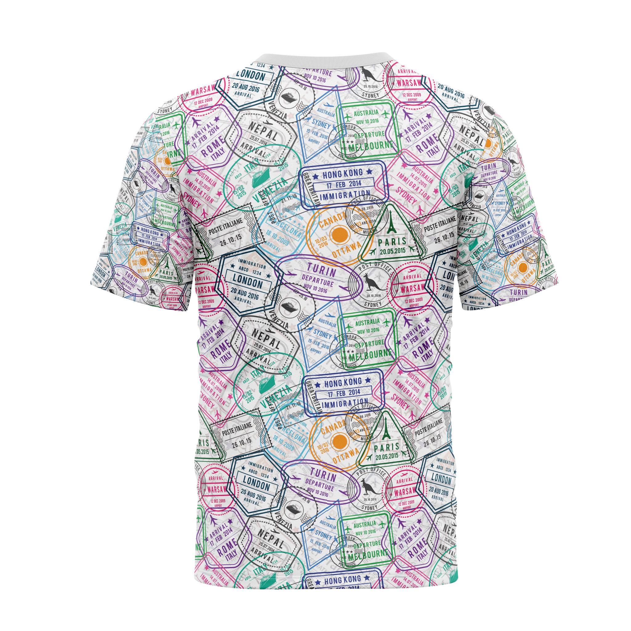 back view of Travel Stamp men's UPF 50+ printed short sleeve shirt featuring colorful global passport stamps.