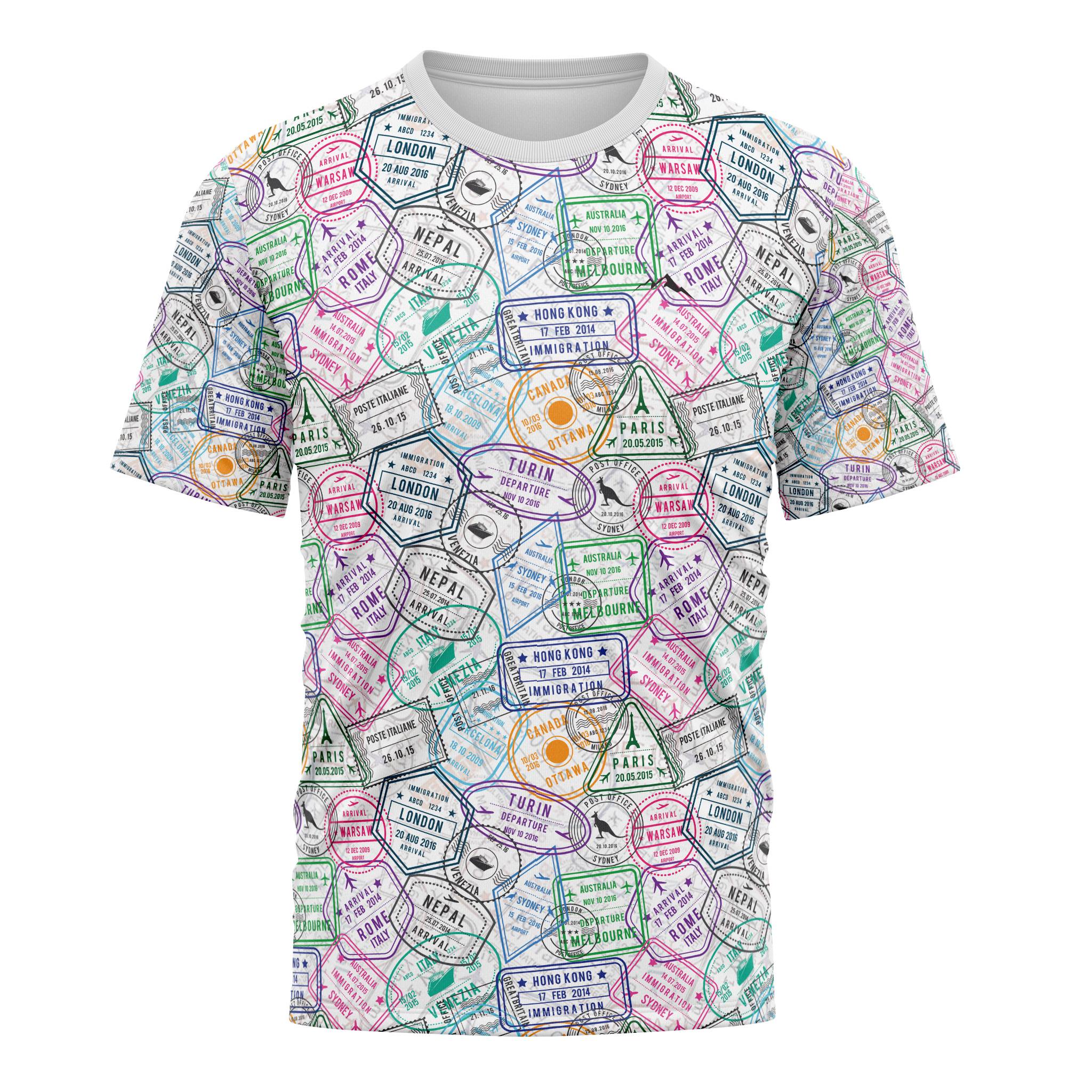 Front view of Travel Stamp men's UPF 50+ printed short sleeve shirt featuring colorful global passport stamps.