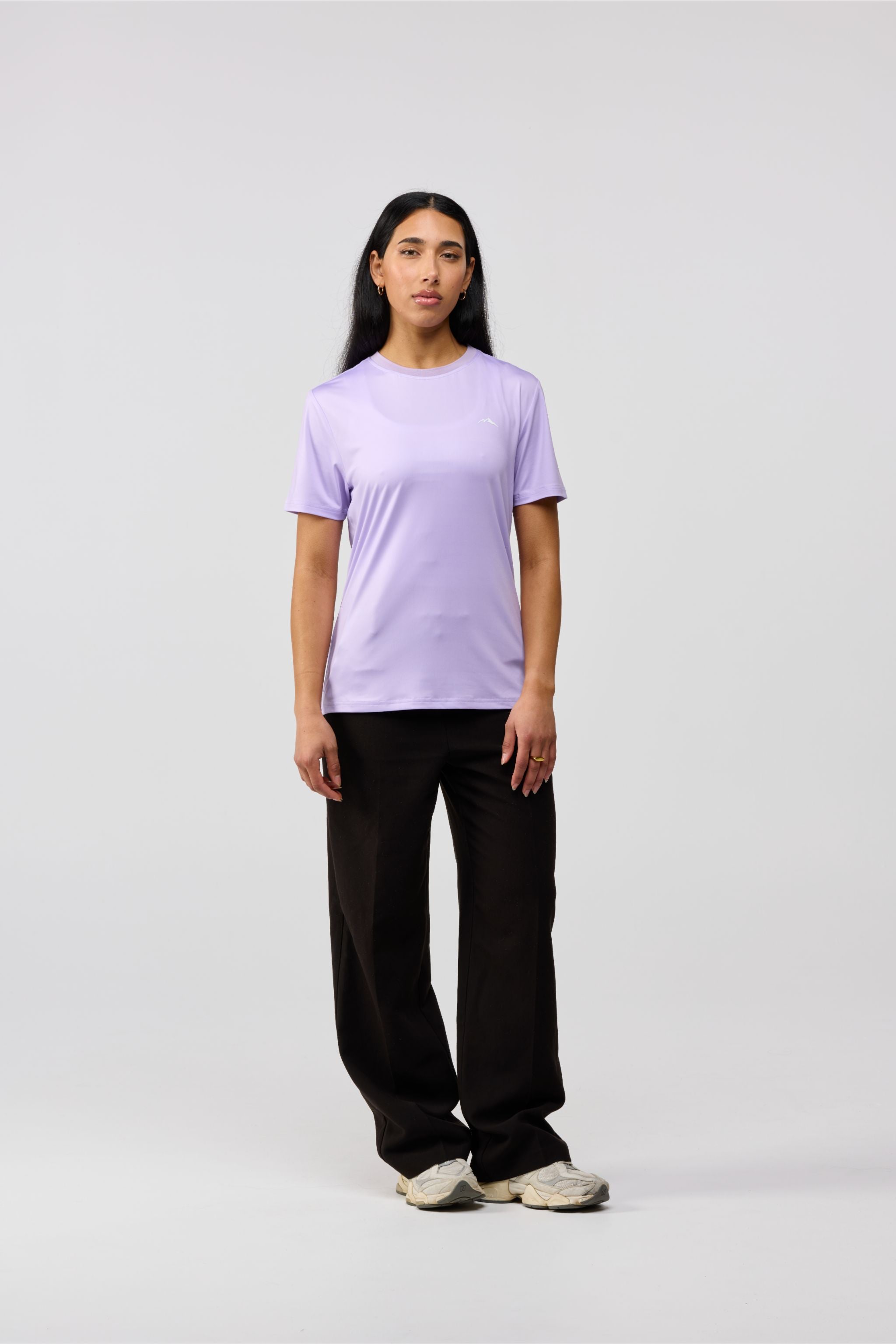 Everyday Lavender Frost women’s short sleeve UPF shirt, front view with our signature mountain logo.