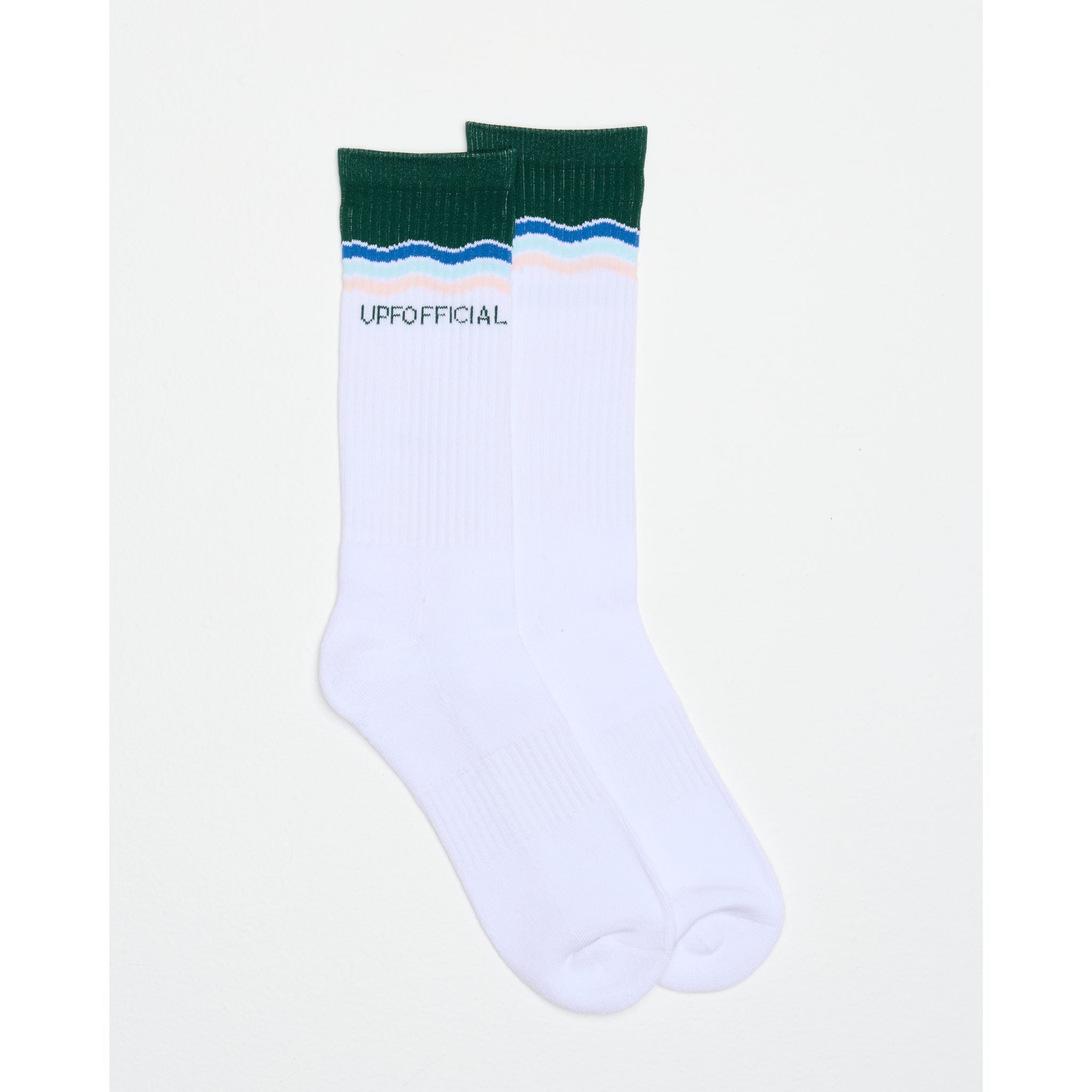 White socks with green and blue pattern on a light gray background Wave, Socks by UPF Official – Premium Cotton Blend